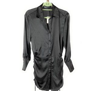 Zara Black Dress Ruched Sides Long Sleeves Size Small LBD Silky Buttonfront